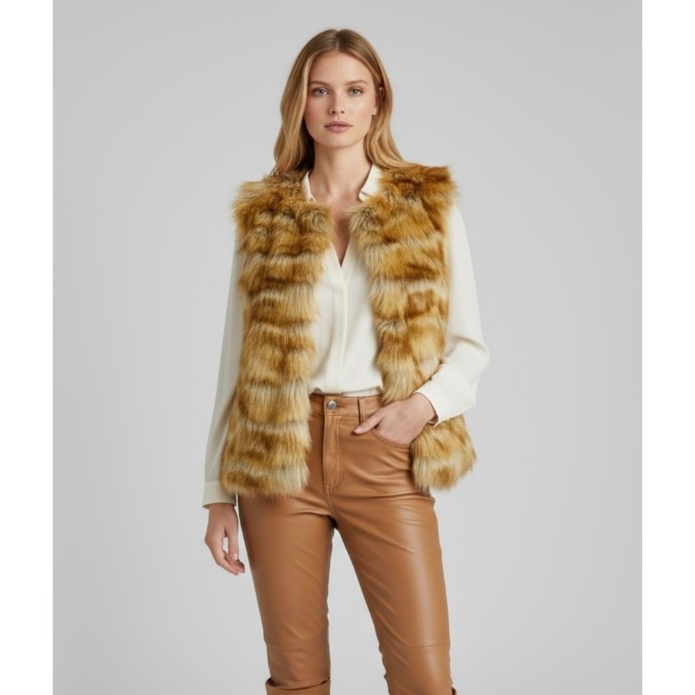 Tan Brown Faux Fur Vest Women's Medium Warm Outerwear